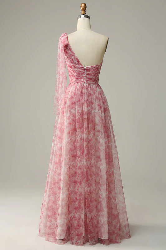 A-line single shoulder floor printed chiffon bridesmaid dress