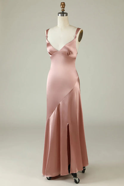 Blush Asymmetrical Spaghetti Straps Bridesmaid Dress with Slit