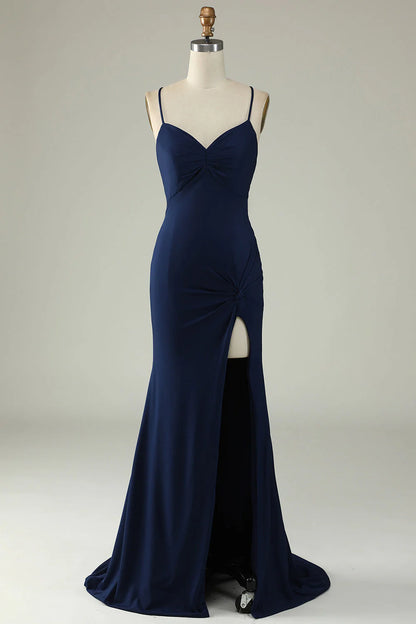 Mermaid spaghetti strap long ball dress with side slit