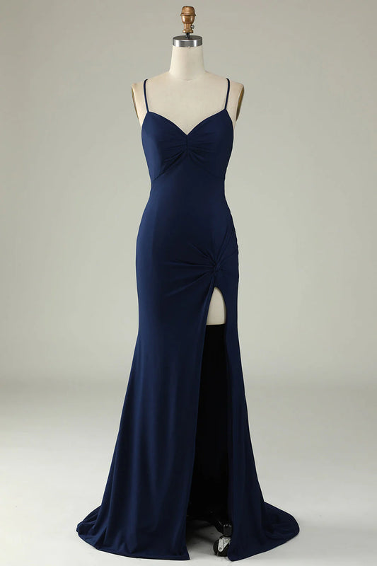Mermaid spaghetti strap long ball dress with side slit