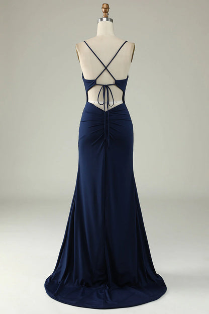Mermaid spaghetti strap long ball dress with side slit