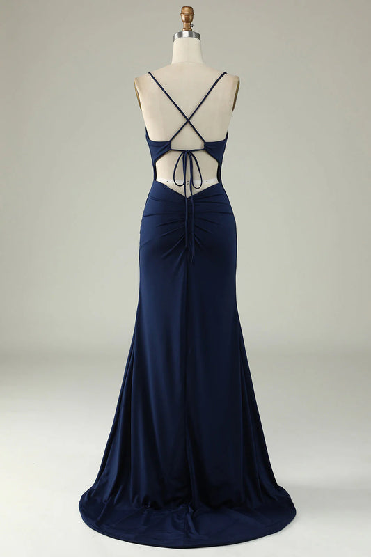 Mermaid spaghetti strap long ball dress with side slit