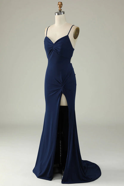 Mermaid spaghetti strap long ball dress with side slit