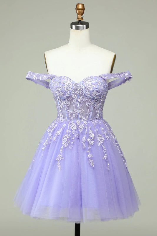 Lilac A Line Off the Shoulder Corset Short Homecoming Dress with Appliques