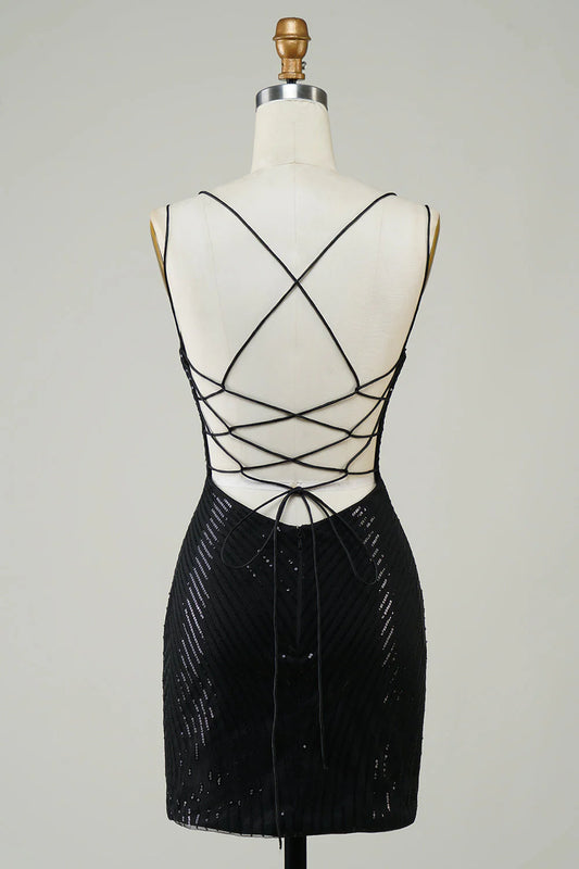 Glitter Black Tight Homecoming Dress with Sequins Butterflies