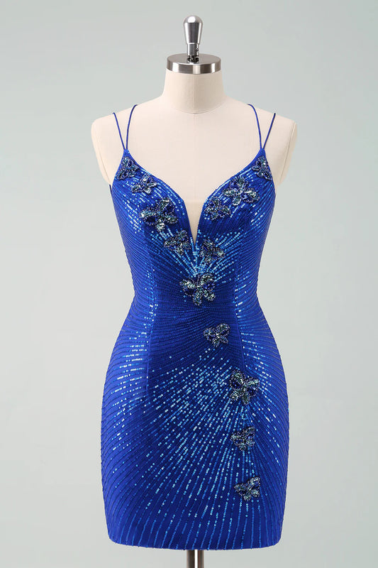 Glitter Royal Blue Homecoming Dress with Sequins Butterflies