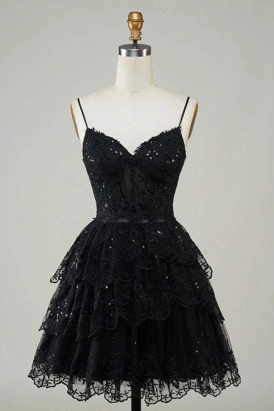 Thin suspender A-line sequined layered tight corset short skirt