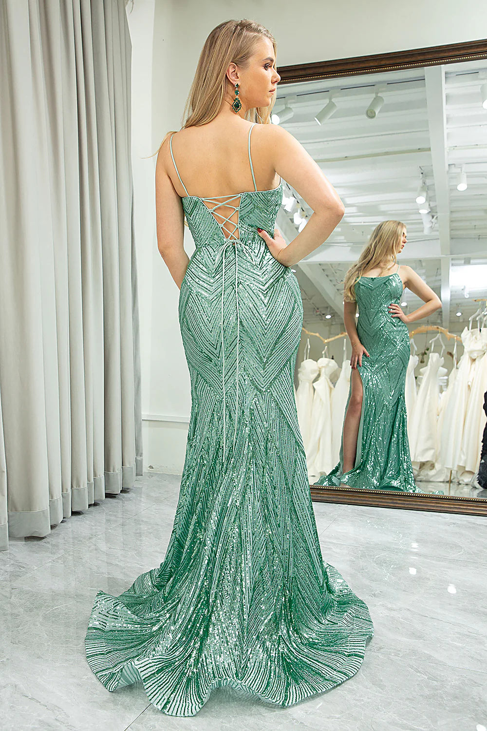 Green mermaid slim suspender sequin long slit ball dress