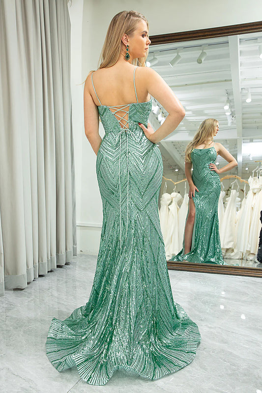 Green mermaid slim suspender sequin long slit ball dress