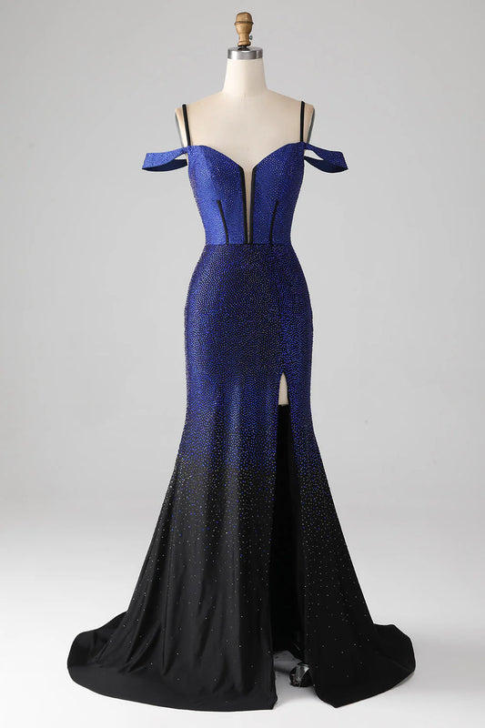 Navy mermaid slim suspender long tight corset sparkling ball dress with side slit