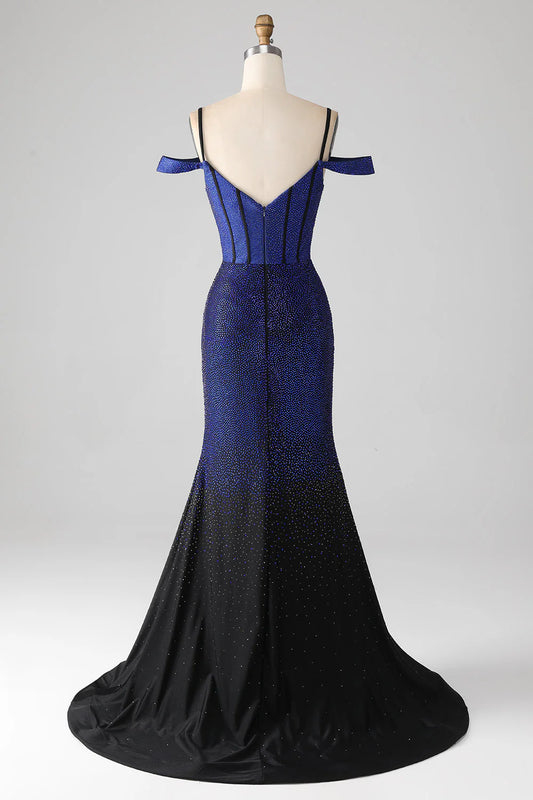 Navy mermaid slim suspender long tight corset sparkling ball dress with side slit
