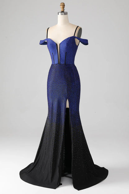 Navy mermaid slim suspender long tight corset sparkling ball dress with side slit