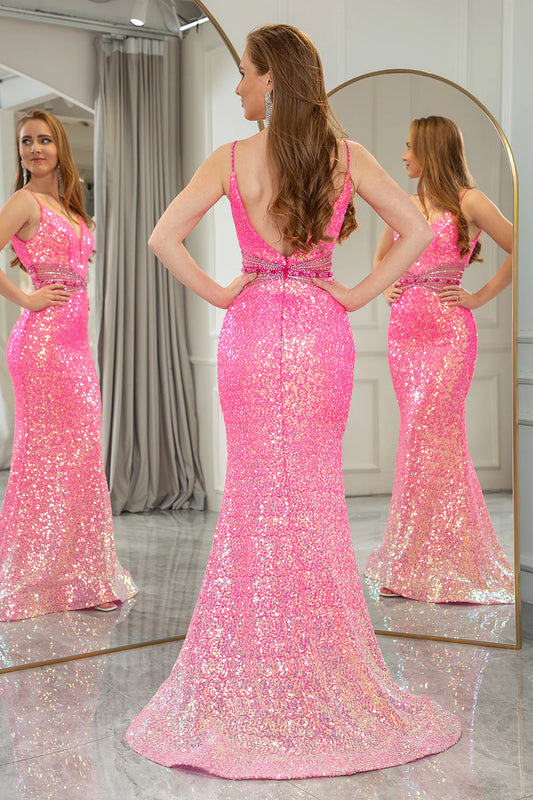 Sparkling purple red mermaid slim suspender backless long ball gown