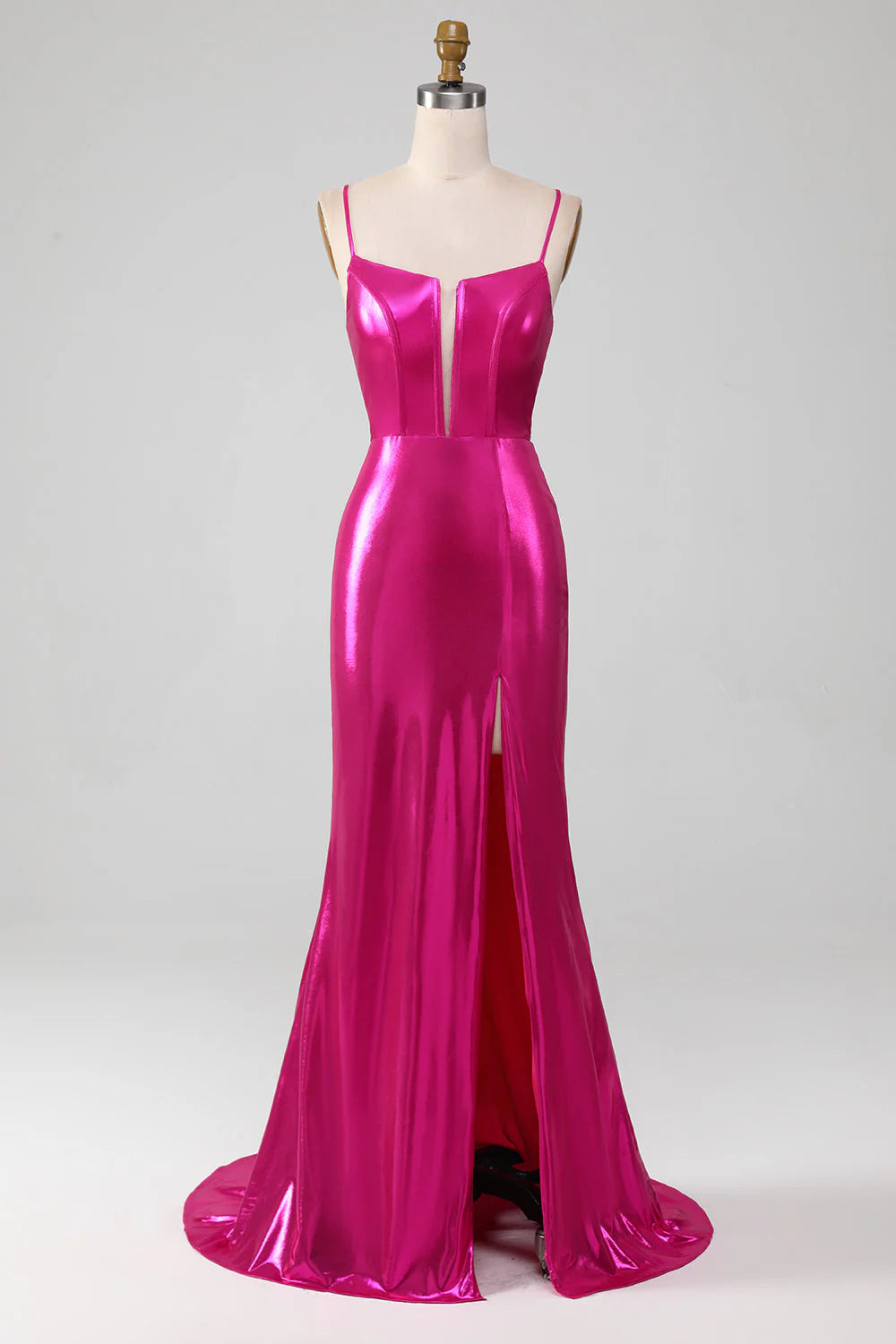 Sparkling pink mermaid spaghetti strap simple ball dress with side slit
