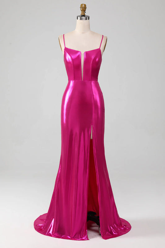 Sparkling pink mermaid spaghetti strap simple ball dress with side slit