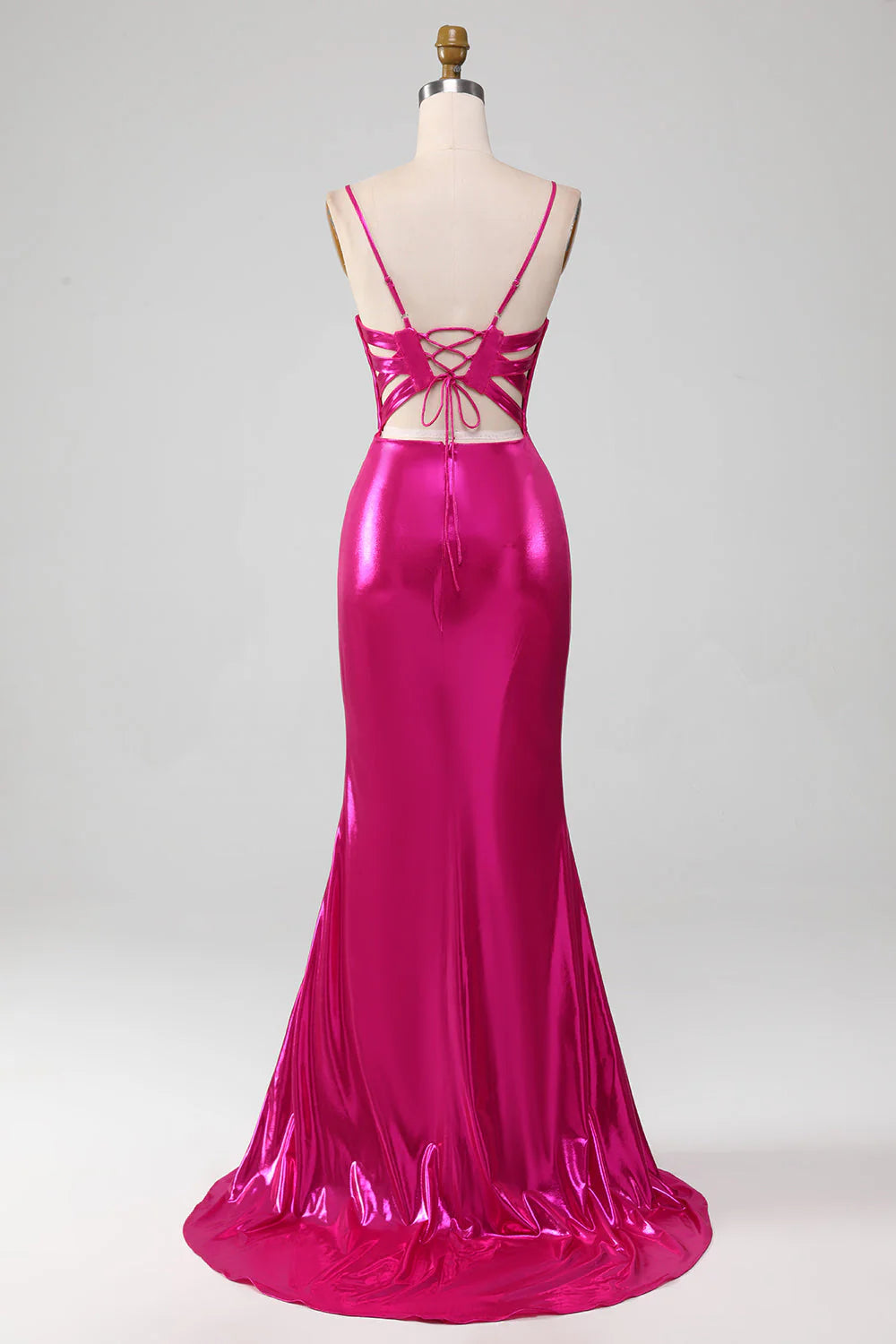 Sparkling pink mermaid spaghetti strap simple ball dress with side slit