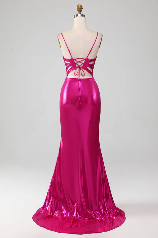 Sparkling pink mermaid spaghetti strap simple ball dress with side slit