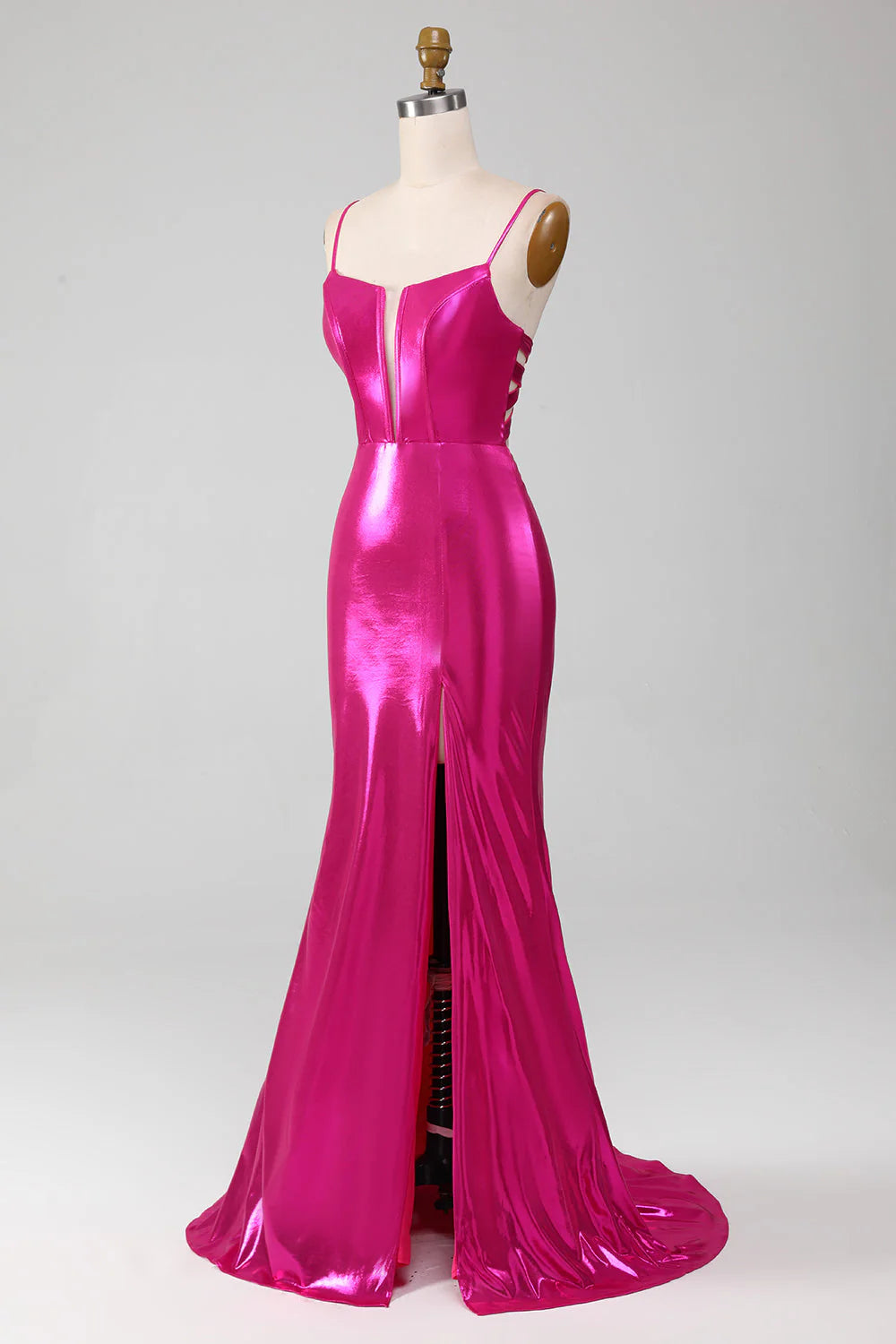Sparkling pink mermaid spaghetti strap simple ball dress with side slit