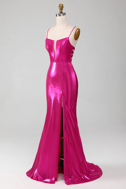 Sparkling pink mermaid spaghetti strap simple ball dress with side slit