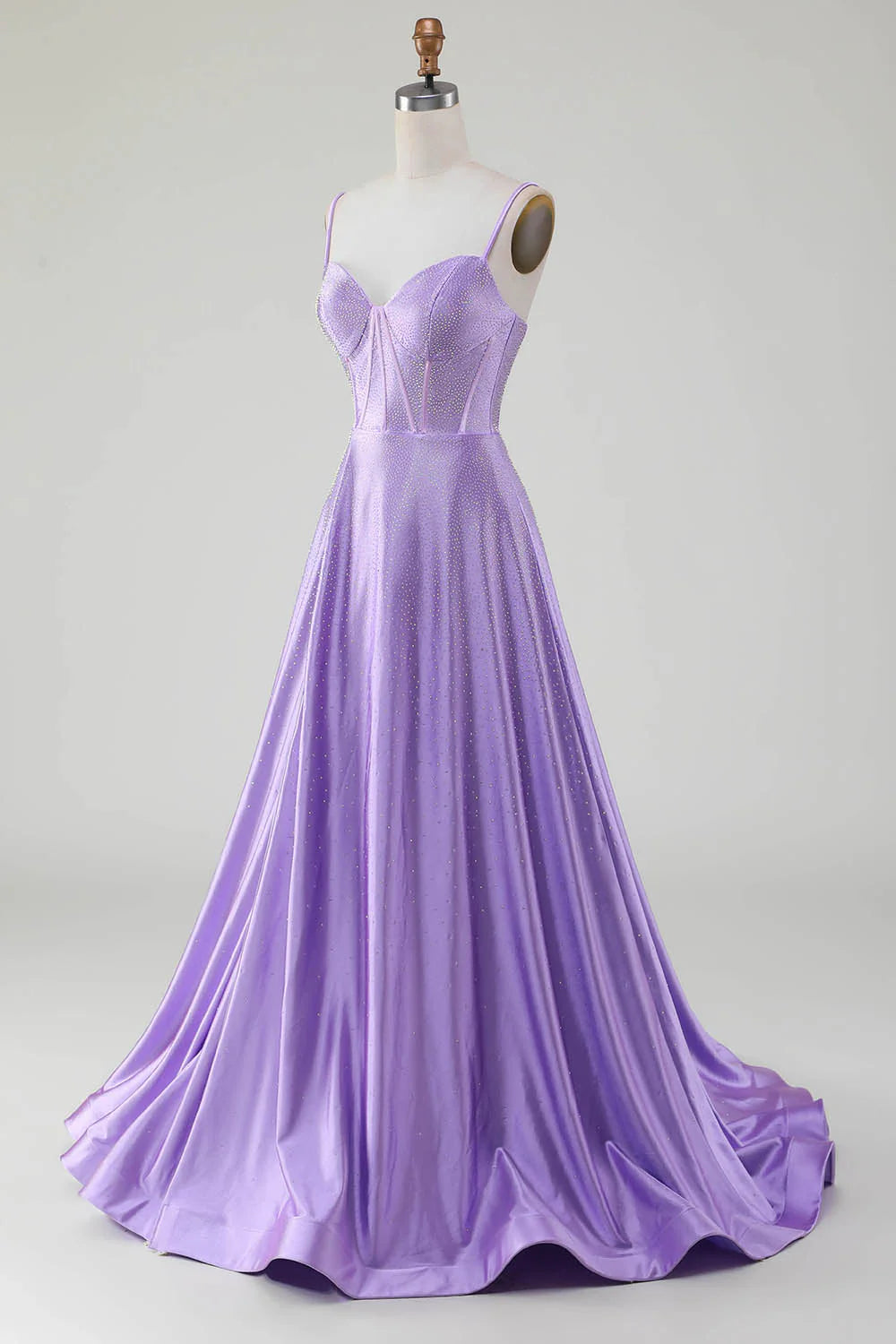 Sparkly Simple Lilac A-Line Side Slit Corset Prom Dresses with Rhinestones