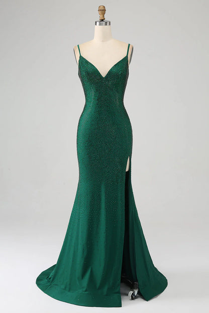 Sparkling mermaid spaghetti strap beaded long dress with slit for dance