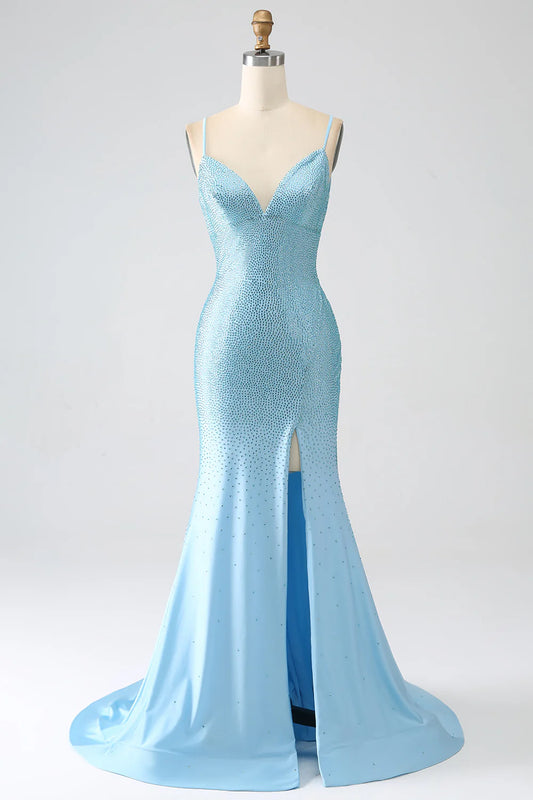 Sparkling mermaid spaghetti strap beaded long dress with slit for dance