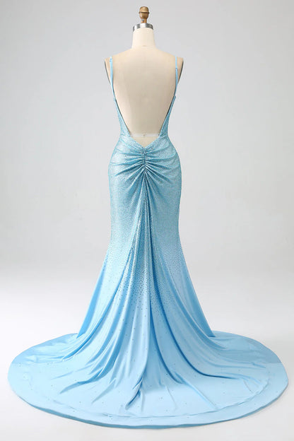 Sparkling mermaid spaghetti strap beaded long dress with slit for dance