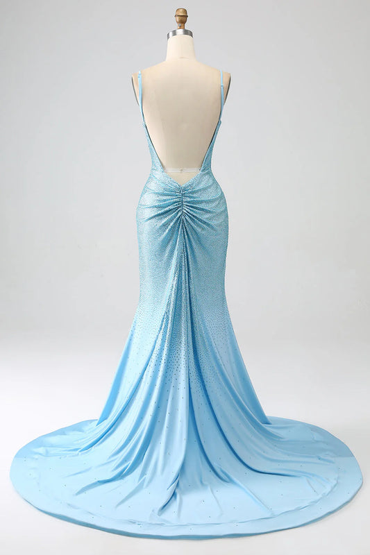 Sparkling mermaid spaghetti strap beaded long dress with slit for dance