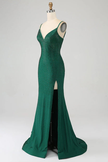 Sparkling mermaid spaghetti strap beaded long dress with slit for dance