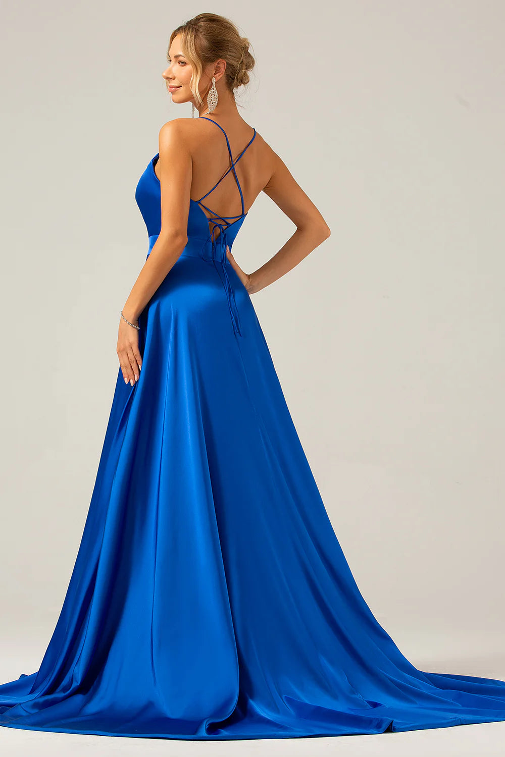 A-line V-neck pleated satin bridesmaid dress with slit