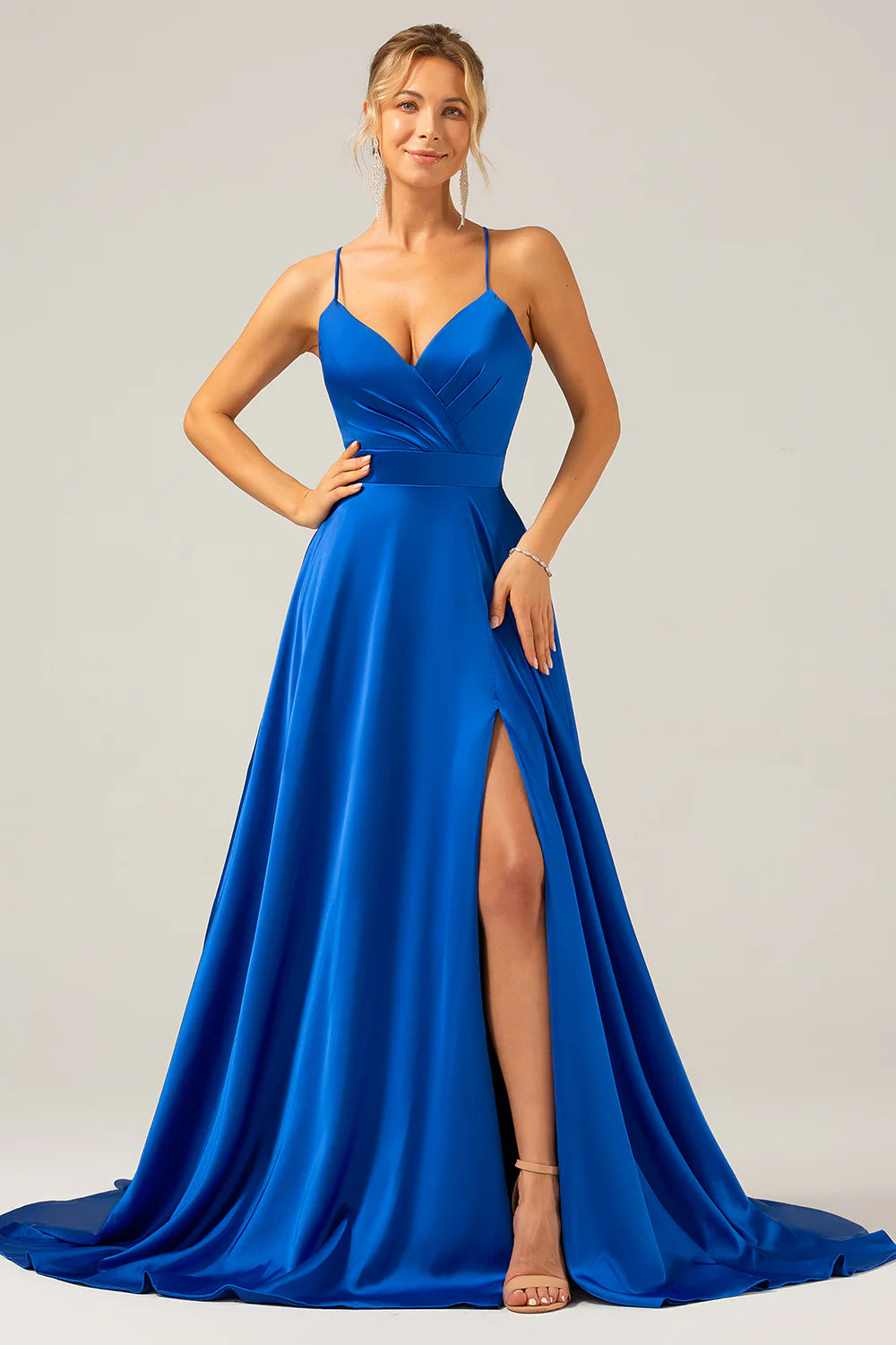 A-line V-neck pleated satin bridesmaid dress with slit