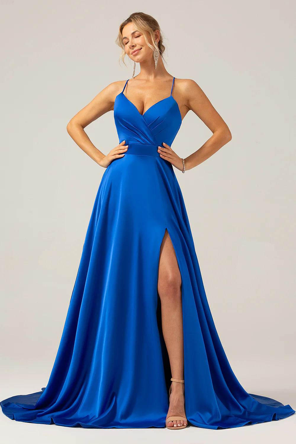 A-line V-neck pleated satin bridesmaid dress with slit