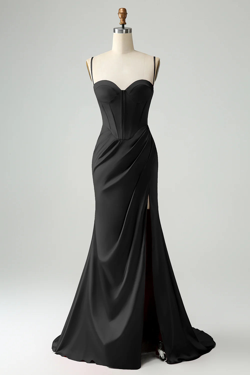 Mermaid Spaghetti Straps Pleated Corset Long Prom Dress With High Slit
