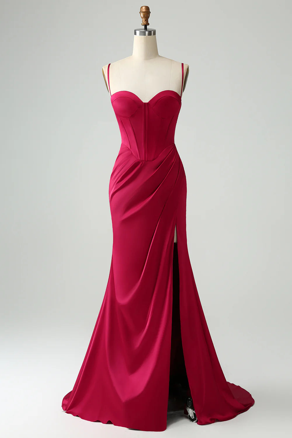Mermaid Spaghetti Straps Pleated Corset Long Prom Dress With High Slit