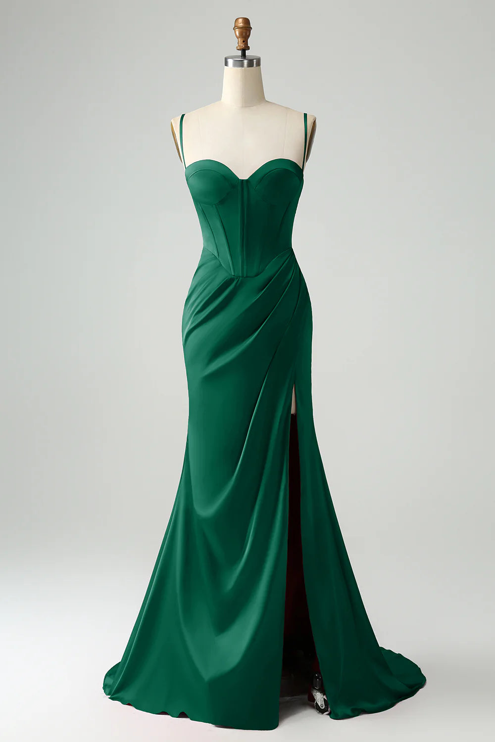 Mermaid spaghetti strap pleated ball dress with slit