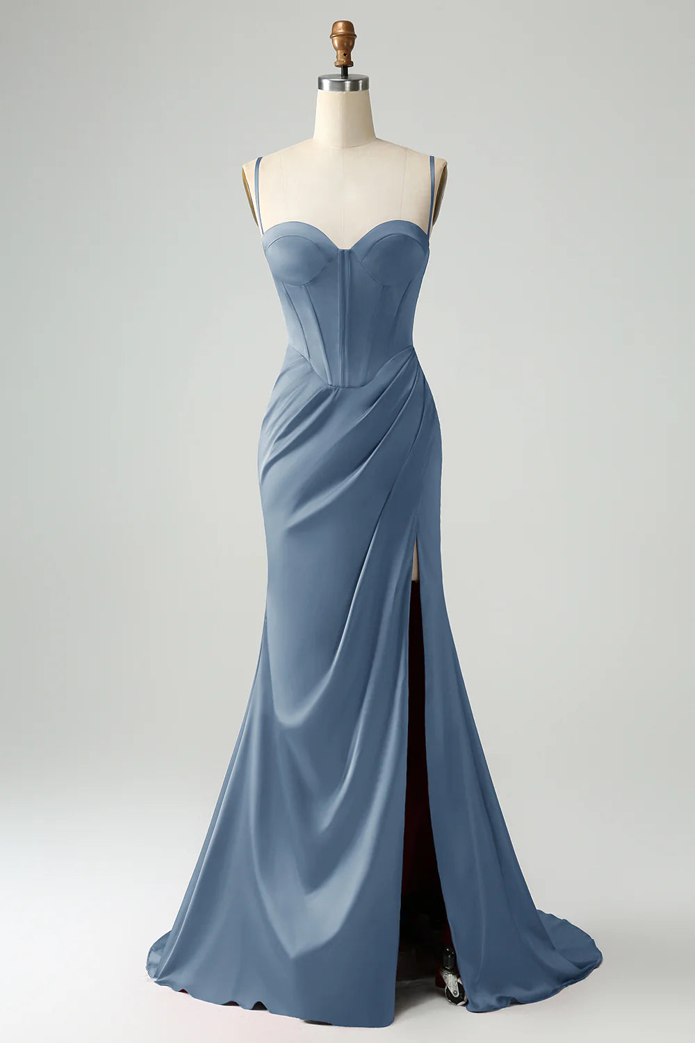 Mermaid spaghetti strap pleated ball dress with slit