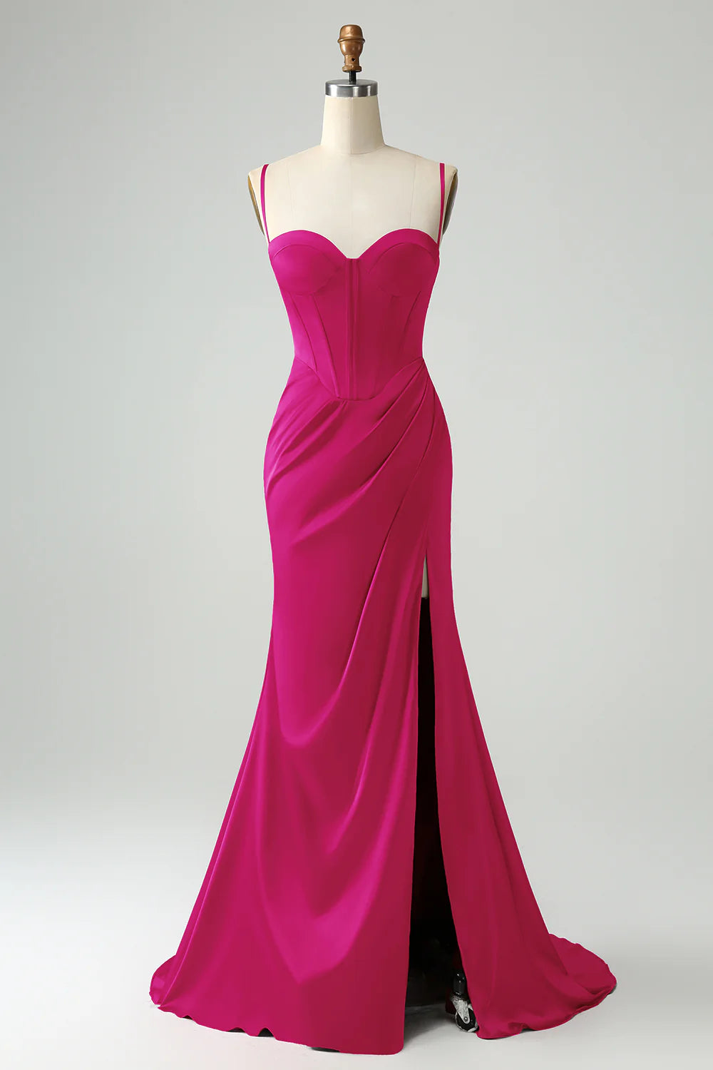 Mermaid spaghetti strap pleated ball dress with slit
