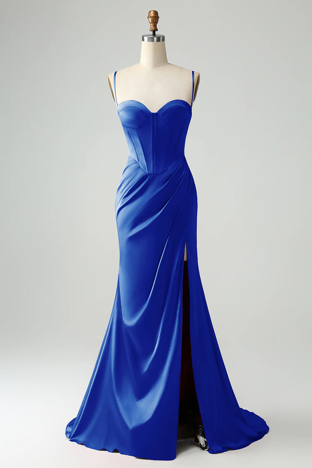 Mermaid Spaghetti Straps Pleated Corset Long Prom Dress With High Slit