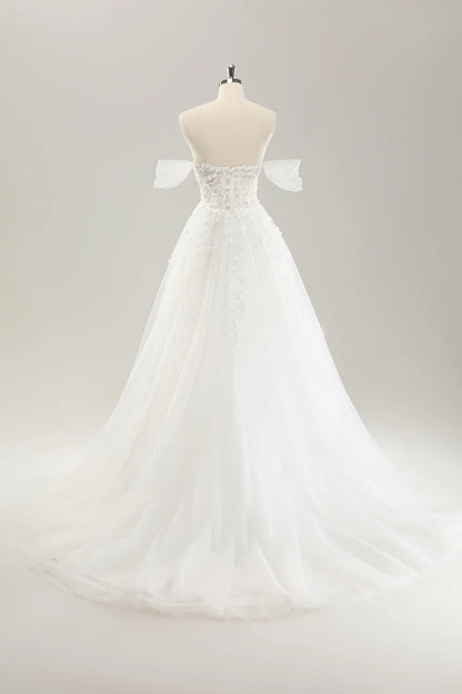 Princess White A-Line Off The Shoulder Corset Wedding Dress with Appliques Lace
