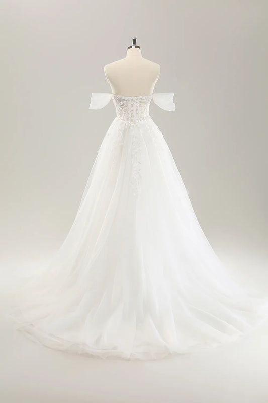 Princess White A-Line Off The Shoulder Corset Wedding Dress with Appliques Lace