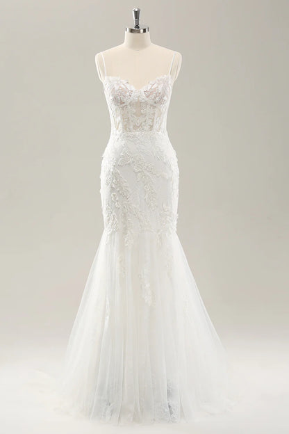 White Mermaid Corset Lace Up Back Wedding Dress with Appliques Lace