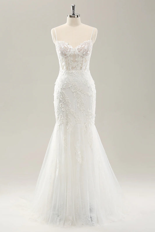 White Mermaid Corset Lace Up Back Wedding Dress with Appliques Lace