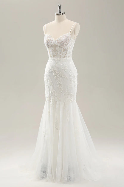 White Mermaid Corset Lace Up Back Wedding Dress with Appliques Lace