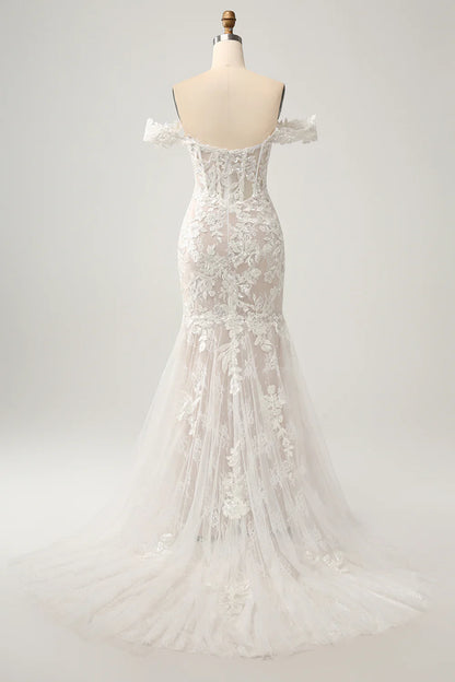 White Mermaid Off The Shoulder Corset Sequin Wedding Dress with Appliques Lace