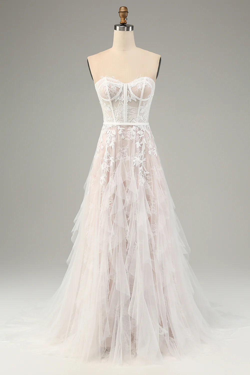 A-Line Sweetheart Corset Long White Wedding Dress with Appliques Lace