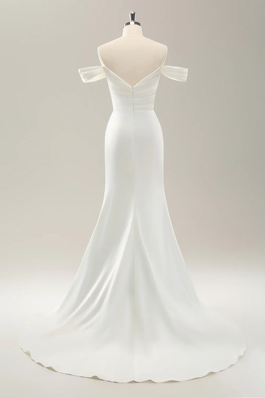 Mermaid Off The Shoulder Pleated Sweep Train Wedding Dress with Slit