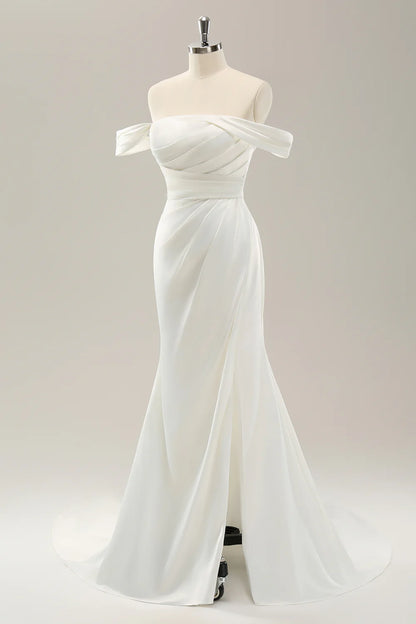 Mermaid Off The Shoulder Pleated Sweep Train Wedding Dress with Slit