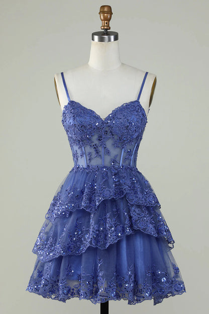 Thin suspender A-line sequined layered tight corset short skirt