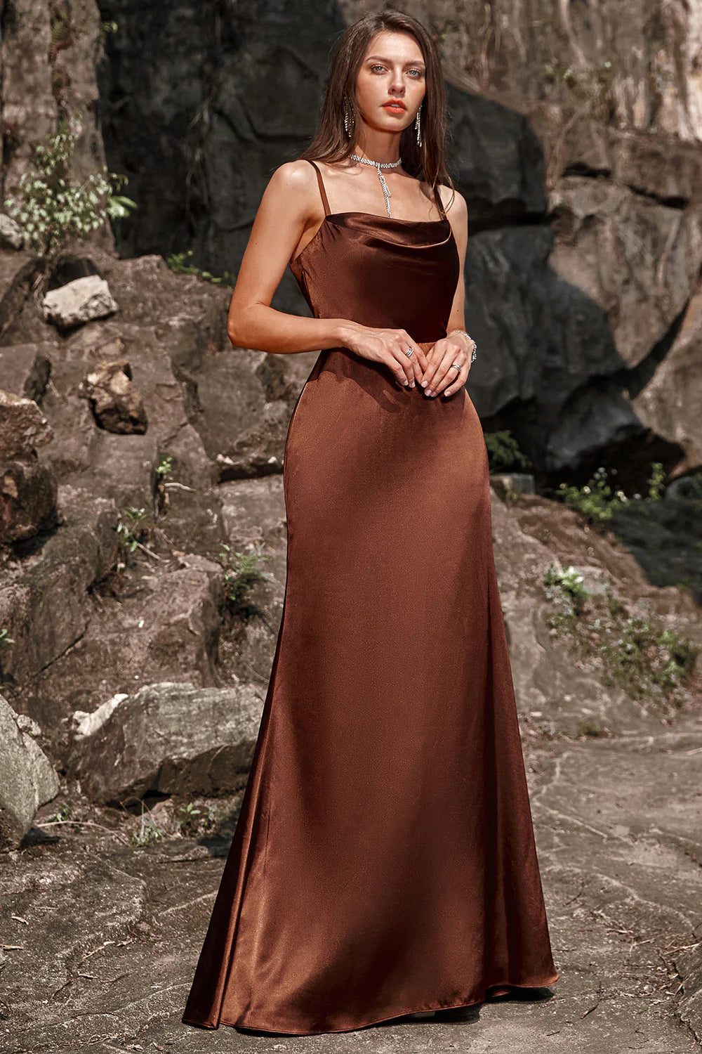 Mermaid lace up coffee satin bridesmaid dress