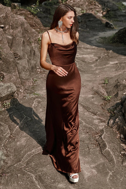 Mermaid lace up coffee satin bridesmaid dress